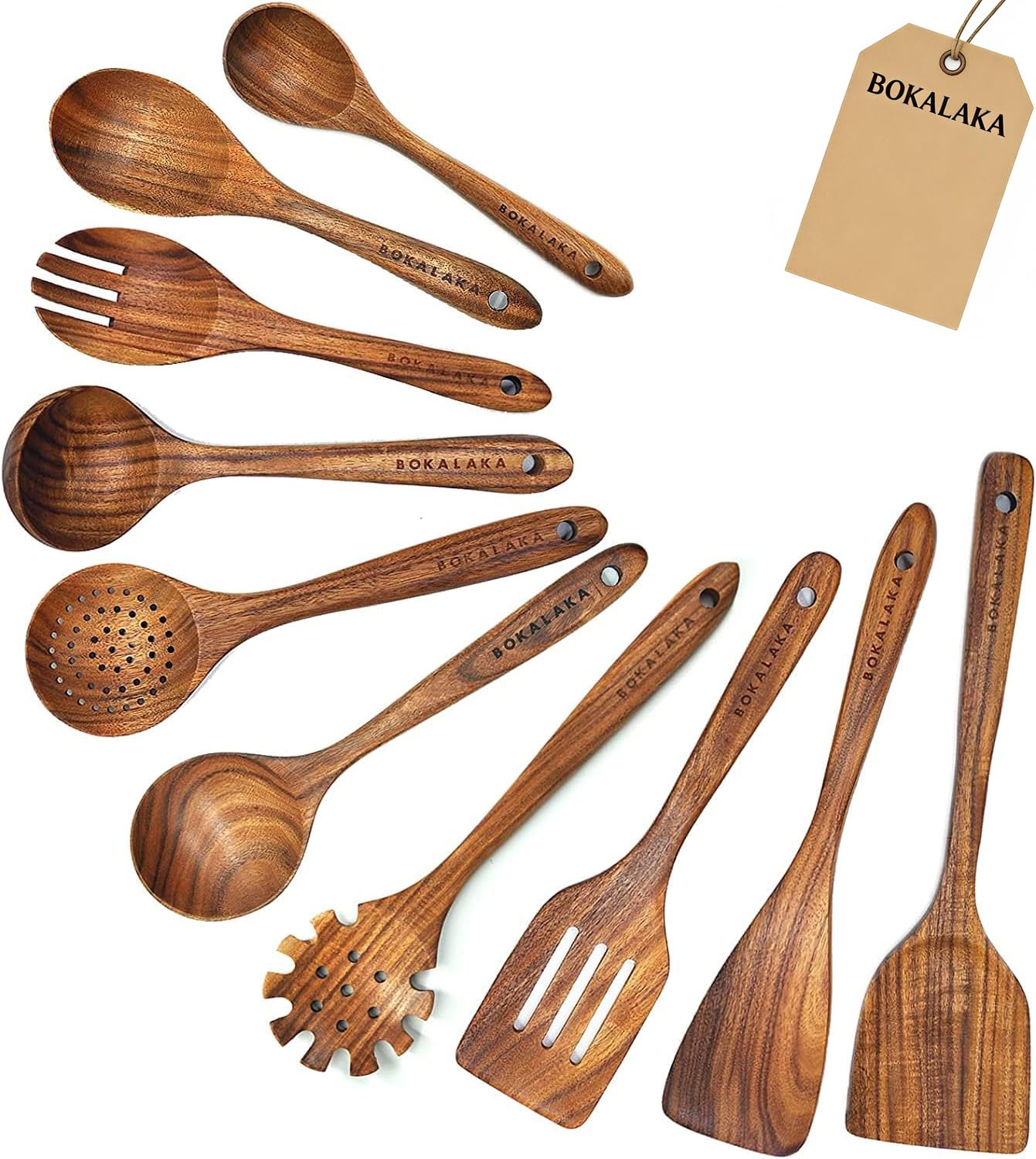 BOKALAKA 10-piece bamboo utensil set - eco-friendly wooden cooking tools for non-stick cookware